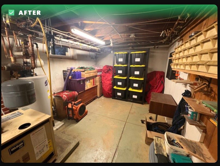 Clean, organized basement after PV Junk cleanout